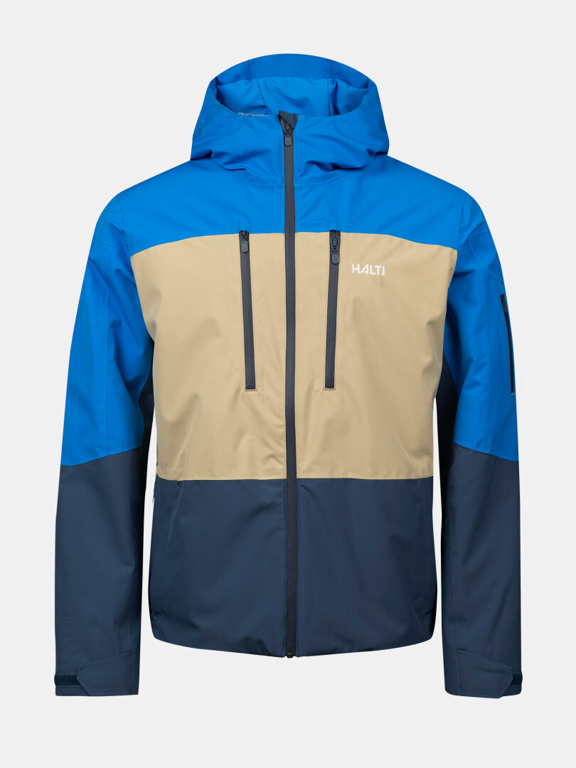 Halti Melvik DX Skijacke Herren: Color-Blocked, Kapuze, Reißverschluss, Brusttaschen in blau, beige & navy.