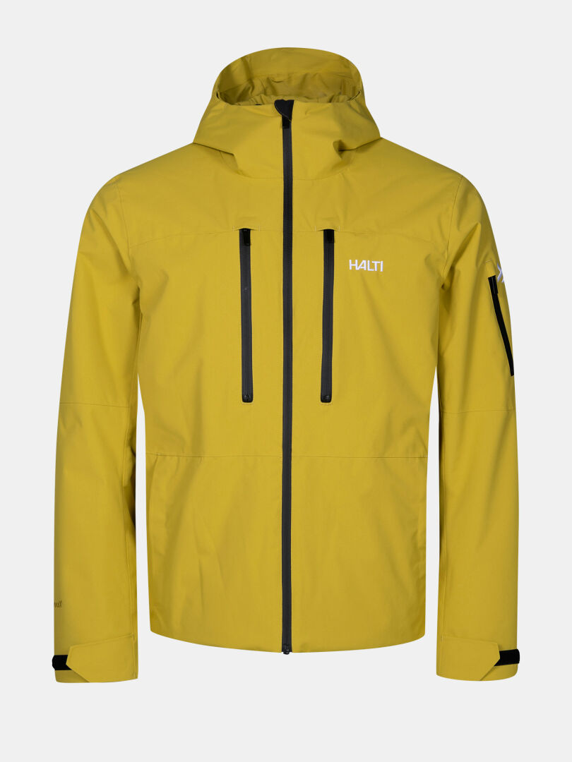 Die Halti Melvik DX Skijacke Herren ist gelb mit schwarzen Reißverschlüssen, Brusttaschen und einem Logo auf der linken Brust.
