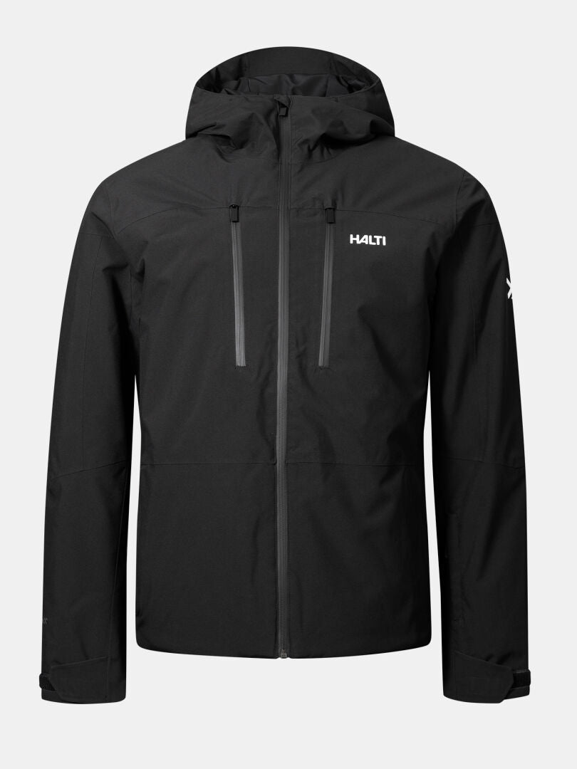 Die Halti Melvik DX Skijacke Herren in schwarz verfügt über zwei Brustreißverschlüsse und Halti-Logos auf der Brust und am Ärmel.