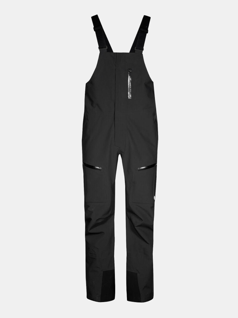 Die Halti Rizle 3L DX Skihose Unisex ist eine schwarze Latzhose mit verstellbaren Trägern und Reißverschlusstaschen.