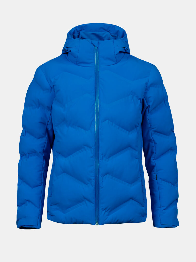 Die Halti Nordic Arcty II Damen Skijacke: hellblau, gesteppt, mit Kapuze und Frontreißverschluss auf einfarbigem Grund.