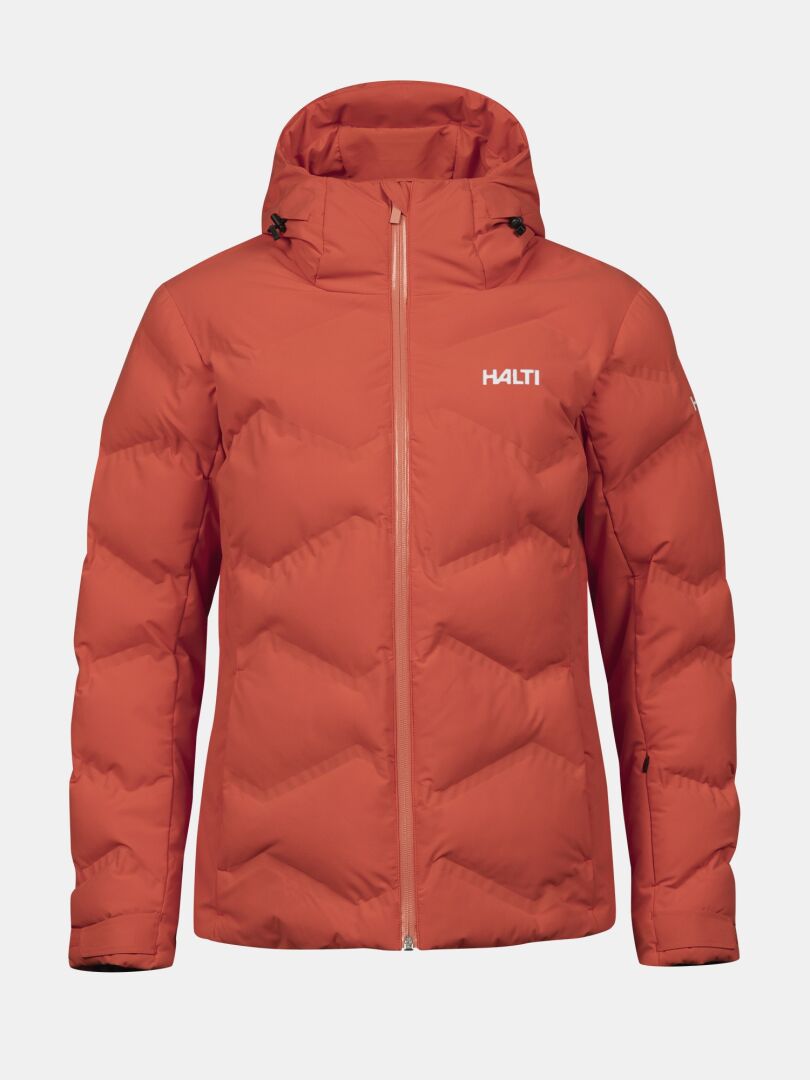 Halti Nordic Arcty II Damen Skijacke, rot, wattiert mit Kapuze, Frontreißverschluss und Halti-Logo auf schlichtem Hintergrund.