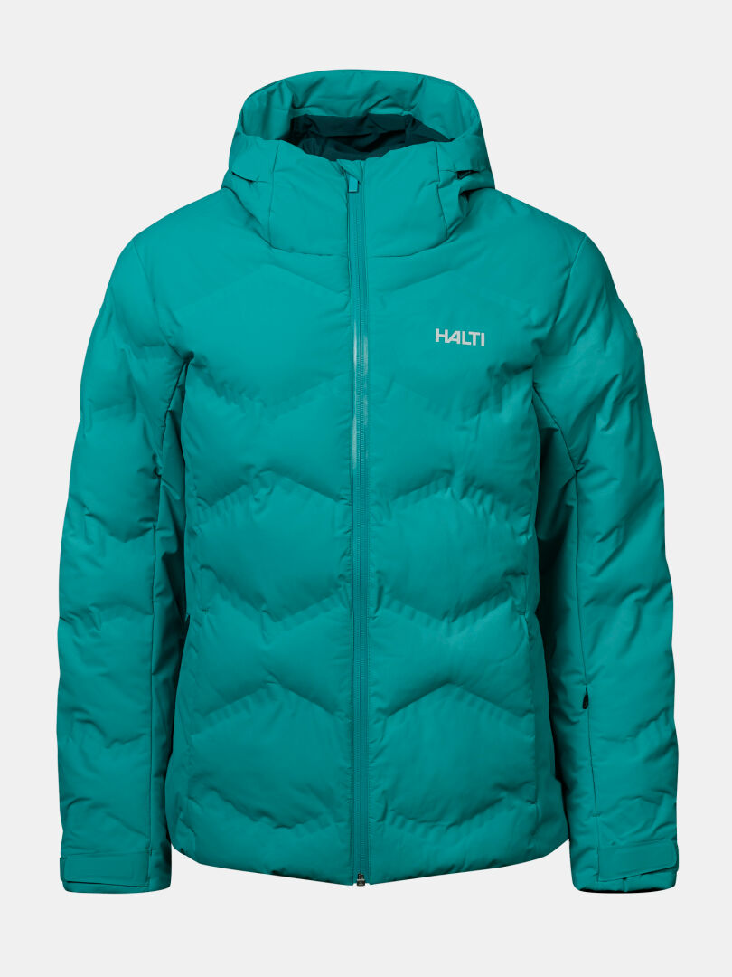 Halti Nordic Arcty II Skijacke für Damen: blaugrüne Daunenjacke mit Kapuze und Microtherm Arcty-Isolierung für optimale Wärme.