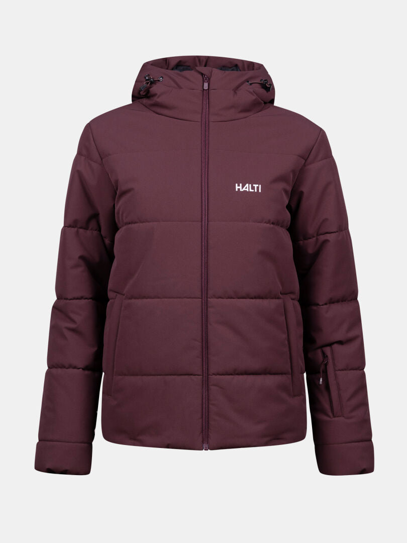 Wasserdichte Ascale Puffer Skijacke Damen von Halti in Maroon mit Kapuze, ideal zum Skifahren, vor neutralem Hintergrund.