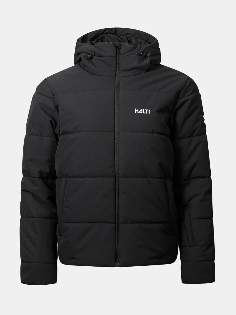 Halti Ascale Puffer Skijacke Damen: schwarze, wasserdichte Jacke mit Kapuze, Zipper und Logo auf Brust & Ärmel.