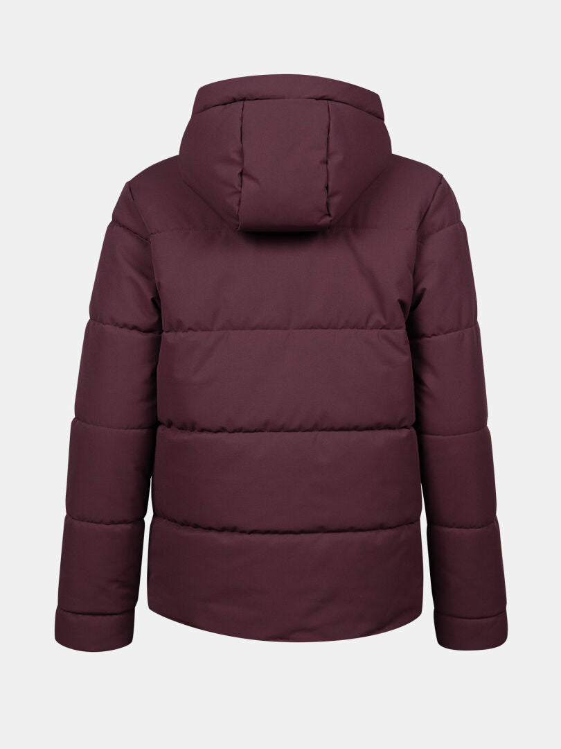 Halti Ascale Plus Puffer Skijacke Damen in Maroon, wasserdicht, mit Kapuze, Rückansicht auf weißem Hintergrund.