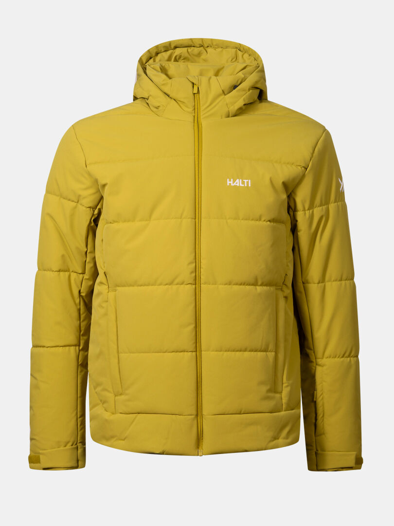 Die Halti Ascale Puffer Skijacke Herren: gelb, wasserdicht, mit Kapuze-ideal für Wintersport.