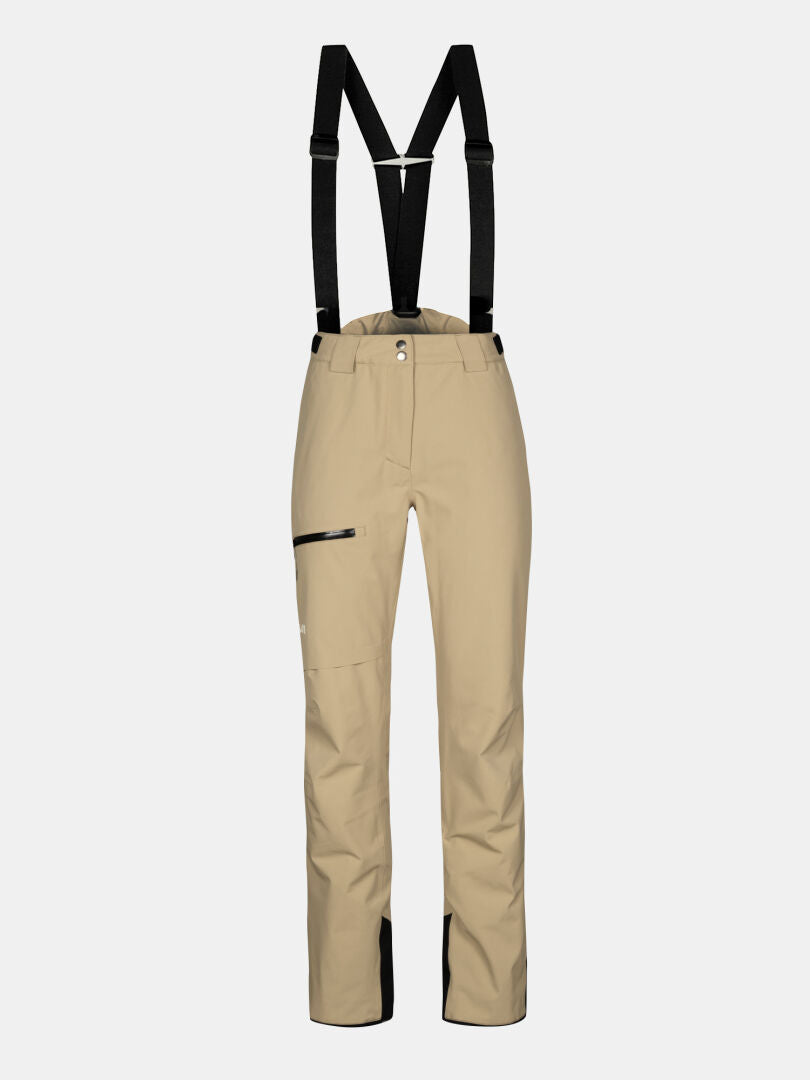 Halti Carvey II DX Skihose Damen in Beige, mit schwarzen Hosenträgern und Reißverschlusstasche-ideal zum Skifahren.