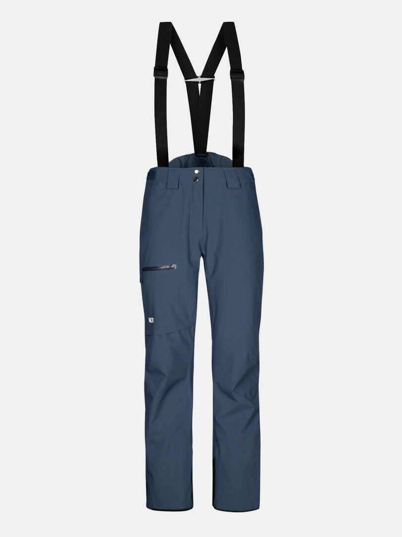 Dunkelblaue Halti Carvey II DX Damen Skihose mit DrymaxX, schwarzen Hosenträgern und einer seitlichen Reißverschlusstasche auf weißem Grund.