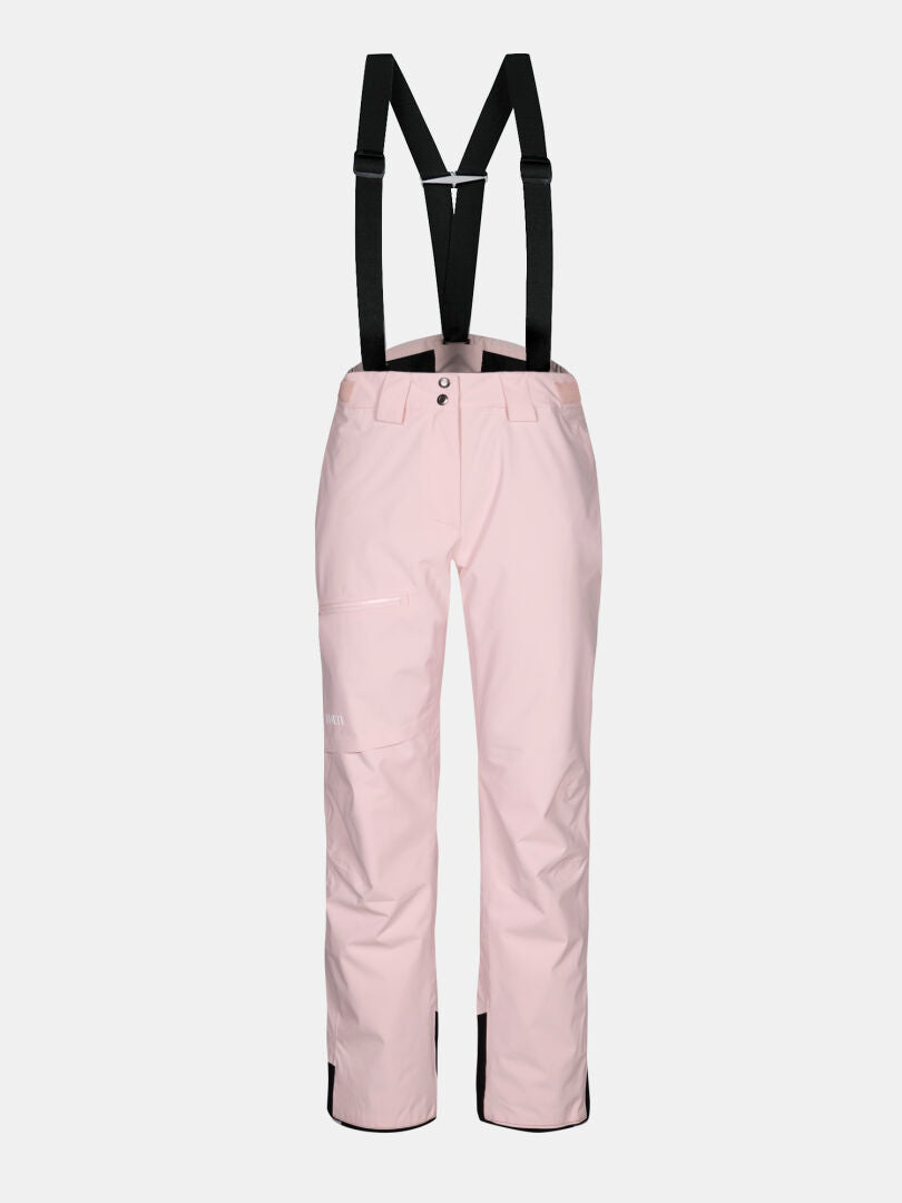 Halti Carvey II DX Damen Skihose in hellrosa mit DrymaxX, schwarzen Hosenträgern, Knopfverschluss & verstärkten Bündchen.