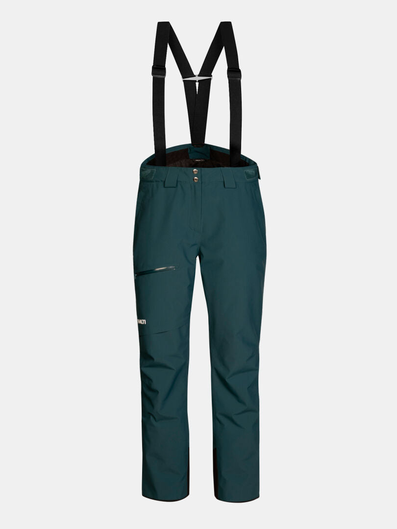 Dunkelgrüne Halti Carvey II DX Skihose für Damen mit schwarzen Hosenträgern und einer Reißverschlusstasche am rechten Oberschenkel.