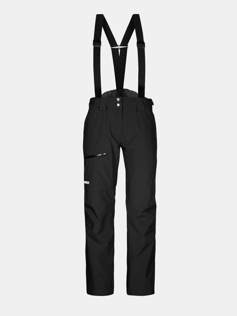 Schwarze Halti Carvey II DX Skihose Damen mit Hosenträgern, Frontknöpfen und Oberschenkeltasche mit Reißverschluss - perfekt zum Skifahren.