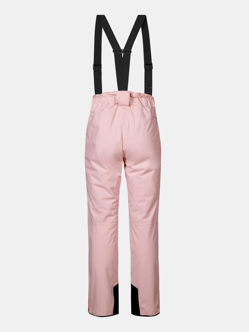Hellrosa Glades II DX Skihose Damen von Halti mit schwarzen Strapsen, Rückenansicht auf weißem Hintergrund.