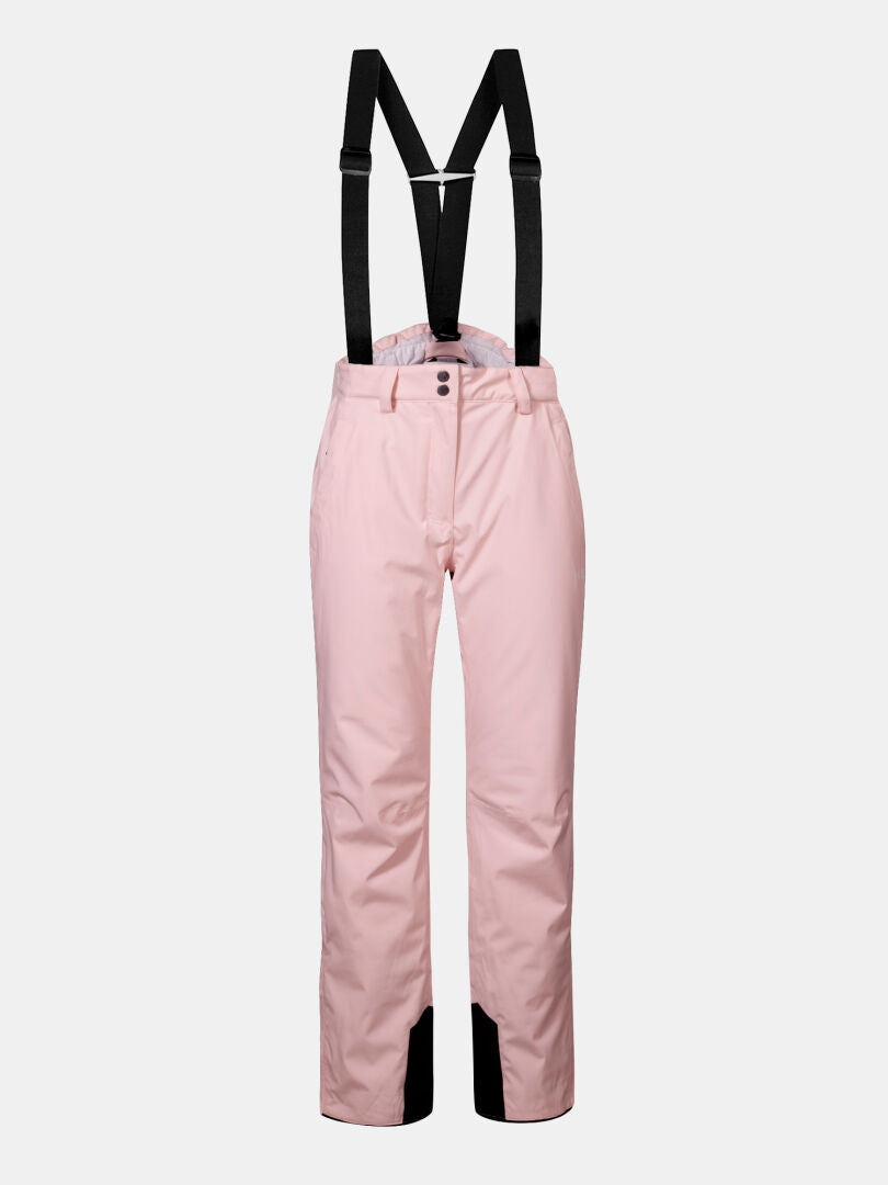 Halti Glades II DX Damen Skihose in Hellrosa mit schwarzen Hosenträgern und verstärkten Bündchen auf schlichtem Hintergrund.