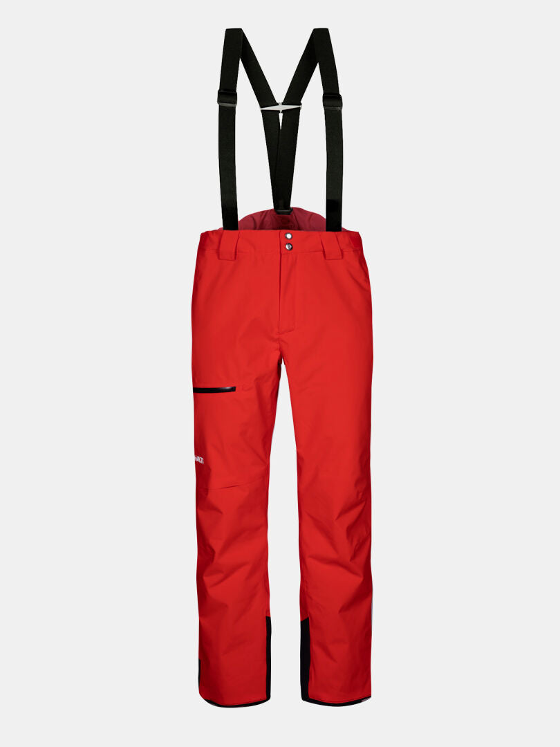 Halti Carvey II DX Skihose Herren in leuchtendem Rot mit DrymaxX, schwarzen Hosenträgern und Reißverschlusstasche vorne auf weißem Grund.