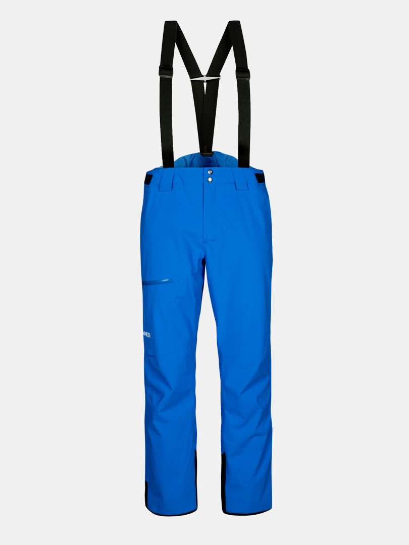 Halti Carvey II DX Herren Skihose in hellblau mit DrymaxX, schwarzen Hosenträgern, Reißverschlusstasche und schwarzem Knöchelbesatz.