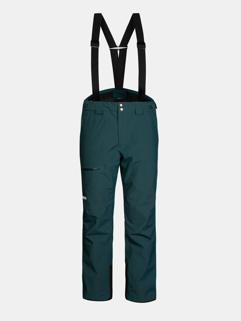 Dunkelgrüne Halti Carvey II DX Skihose für Herren mit schwarzen Hosenträgern und einer seitlichen Reißverschlusstasche.