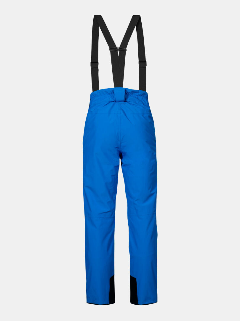 Die Halti Glades II DX Herren Skihose in leuchtendem Blau mit schwarzen Hosenträgern, dargestellt von hinten auf hellgrauem Hintergrund.