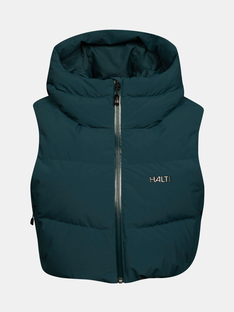 Halti Varion 2in1 DX Skijacke für Damen in Dark Teal – eine Daunenweste mit Kapuze, Frontreißverschluss und PrimaLoft-Füllung.