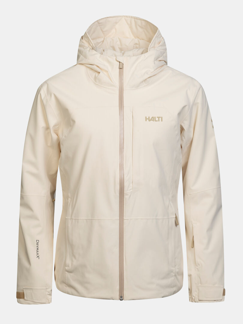 Cremefarbene, gefütterte Halti Melvik DX Skijacke für Damen mit durchgehendem Frontreißverschluss und Brusttasche.