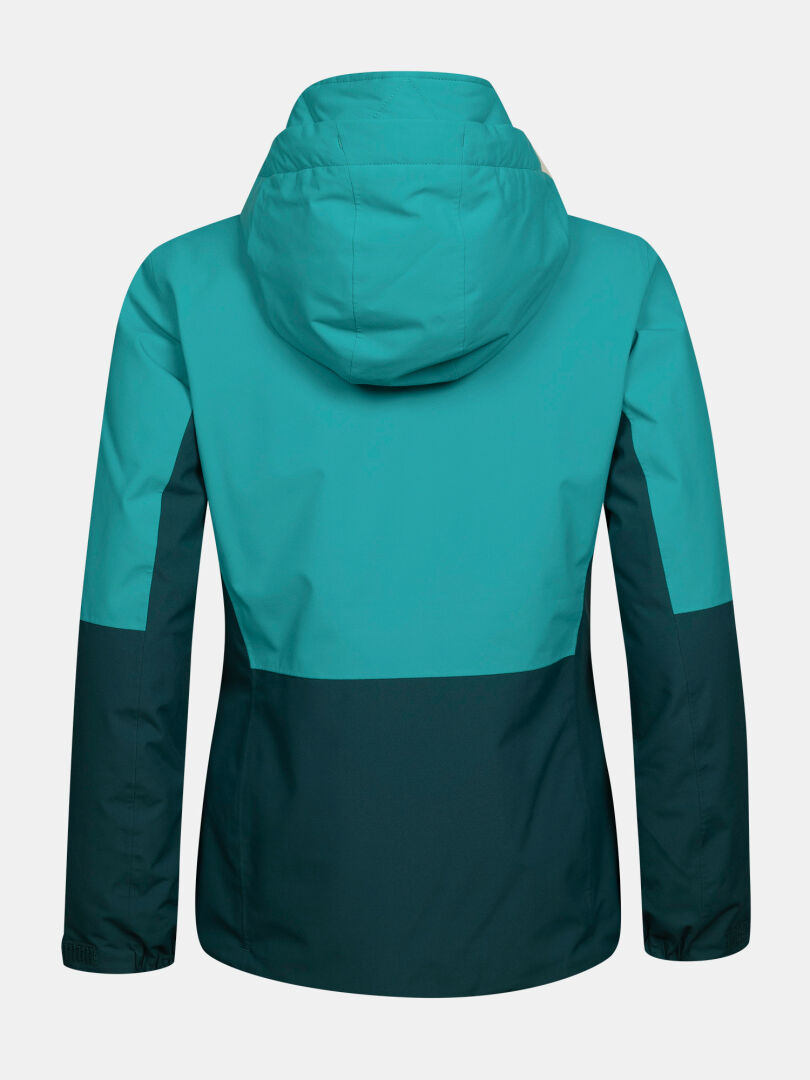 Rückansicht einer Halti Melvik DX Skijacke für Damen in den Farben Teal und Dunkel-Teal mit farblich abgesetzten Ärmeln und einem farblich abgesetzten unteren Einsatz.