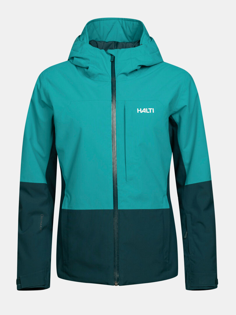 Technische Skijacke Halti Melvik DX für Damen in den Farben Blaugrün und Dunkelgrün mit Kapuze und einer Brusttasche mit Reißverschluss.