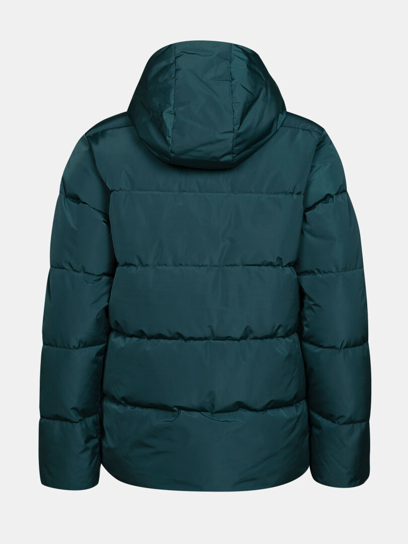 Halti Ascloud Puffer-Skijacke für Damen in Dunkelgrün mit Kapuze und Microtherm-Thermofill, Rückansicht auf weißem Hintergrund.