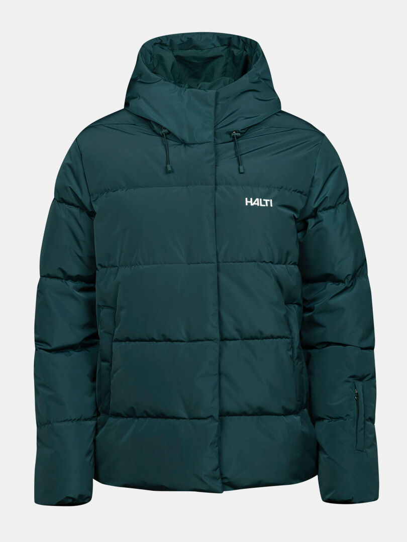 Halti Ascloud Puffer-Skijacke für Damen, dunkelgrün, mit Kapuze; DrymaxX- und Microtherm-Thermofill-Technologie, Logo auf der Brust.