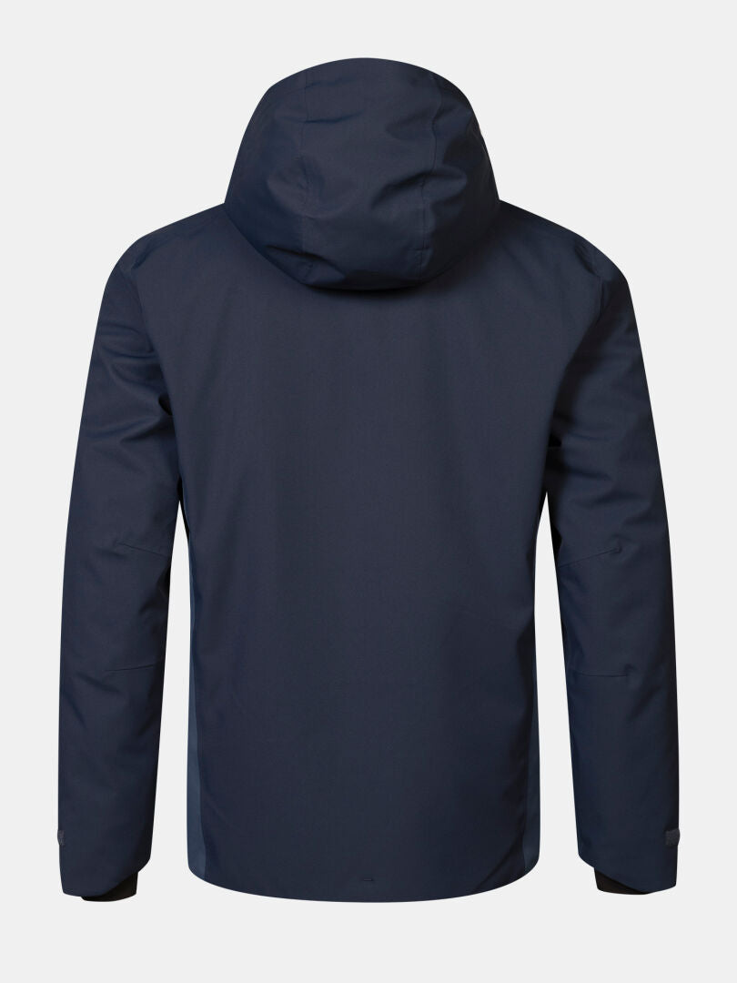 Rückansicht einer wasserdichten, marineblauen Halti Recier DX Skijacke für Herren mit Kapuze.