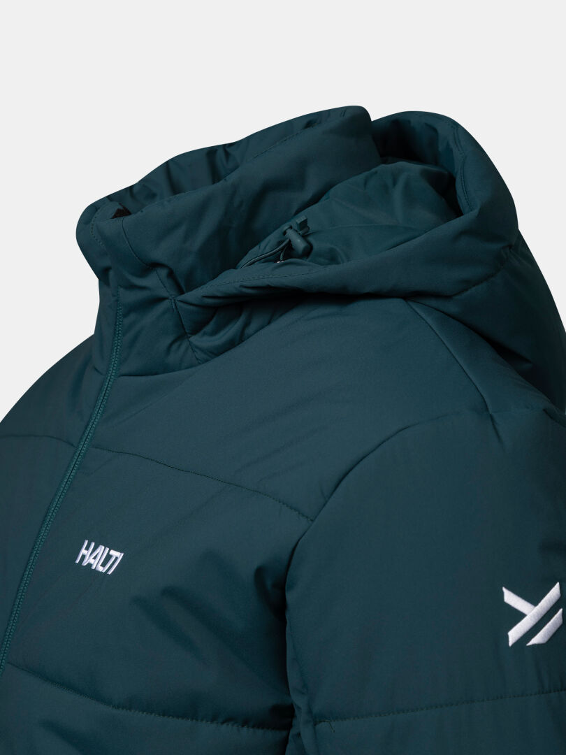 Halti Ascale II Puffer-Skijacke für Herren in Dunkelblaugrün mit Microtherm, Kapuze sowie HALTI- und Pfeil-Logos auf Brust und Ärmel.