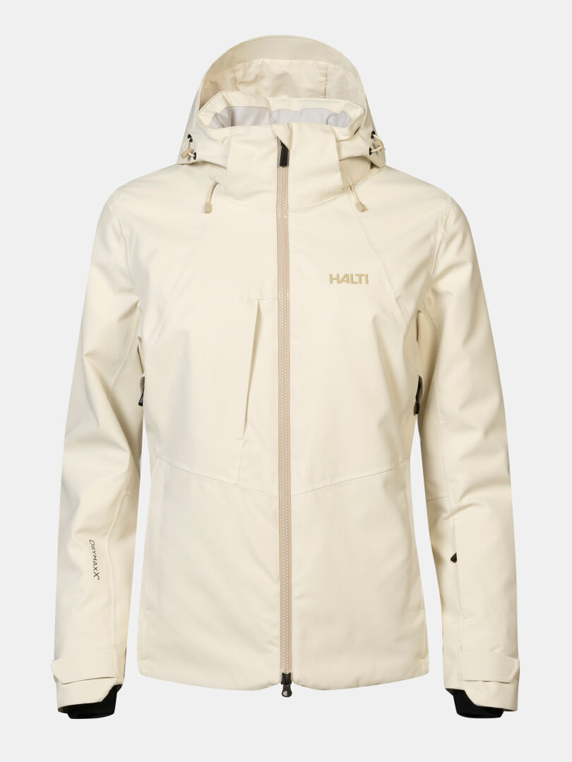 Cremefarbene, wasserdichte Halti Recier DX Skijacke für Damen mit Kapuze, Frontreißverschluss und schwarzen Ärmelbündchen.