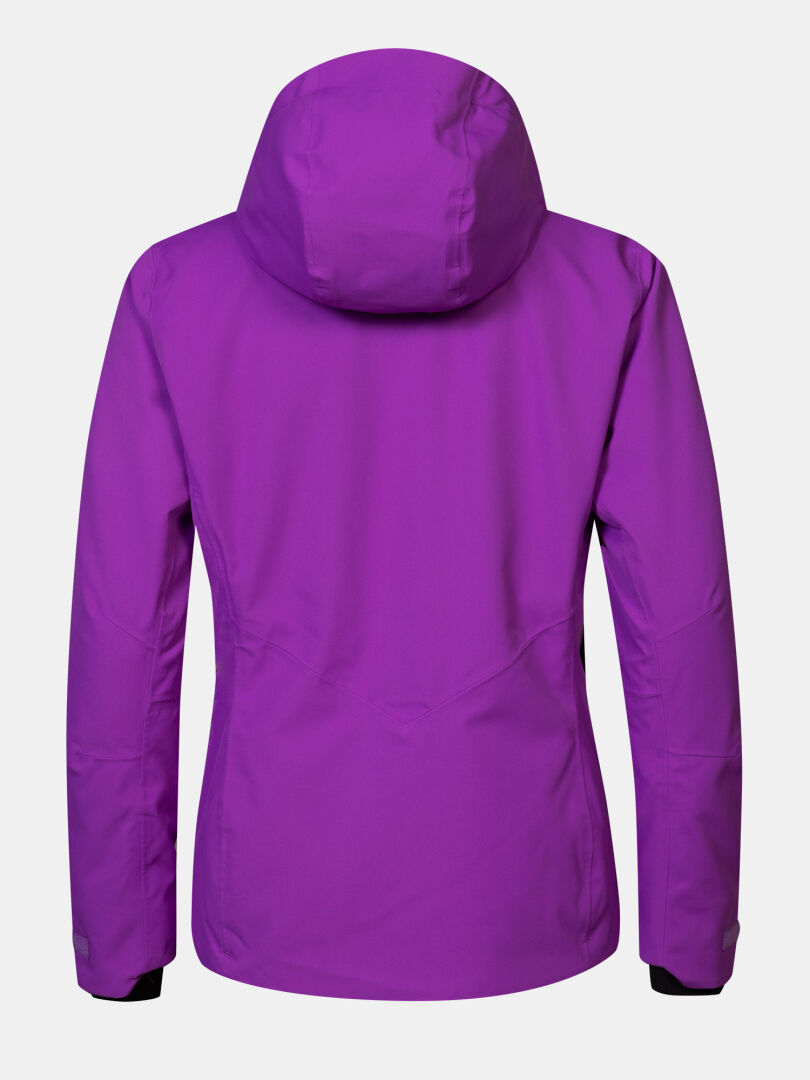 Rückansicht einer wasserdichten, violetten Halti Recier DX Skijacke Damen – eine Skijacke mit Kapuze und verstellbaren Ärmelbündchen.