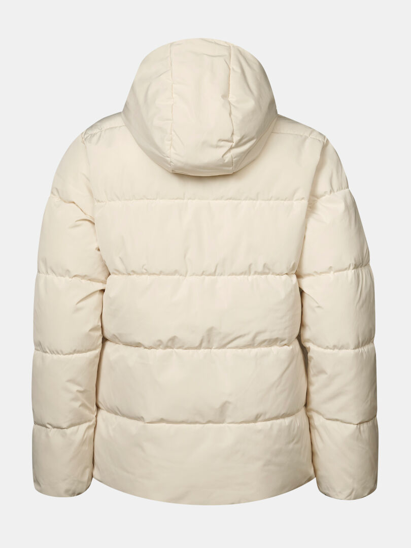 Rückansicht einer beigen Halti Ascloud Puffer Skijacke Damen Plus Microtherm Thermofill Daunenjacke mit Kapuze.