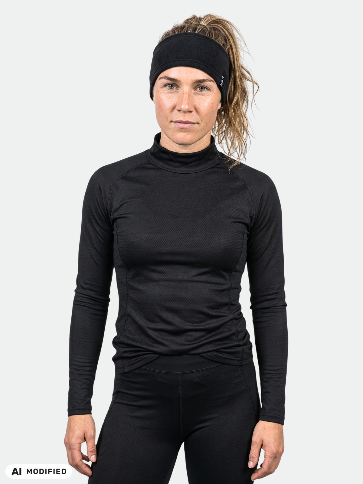 Eine Frau in einem schwarzen Prime Damen Baselayer-Set und einem Stirnband – perfekt für Outdoor-Aktivitäten.