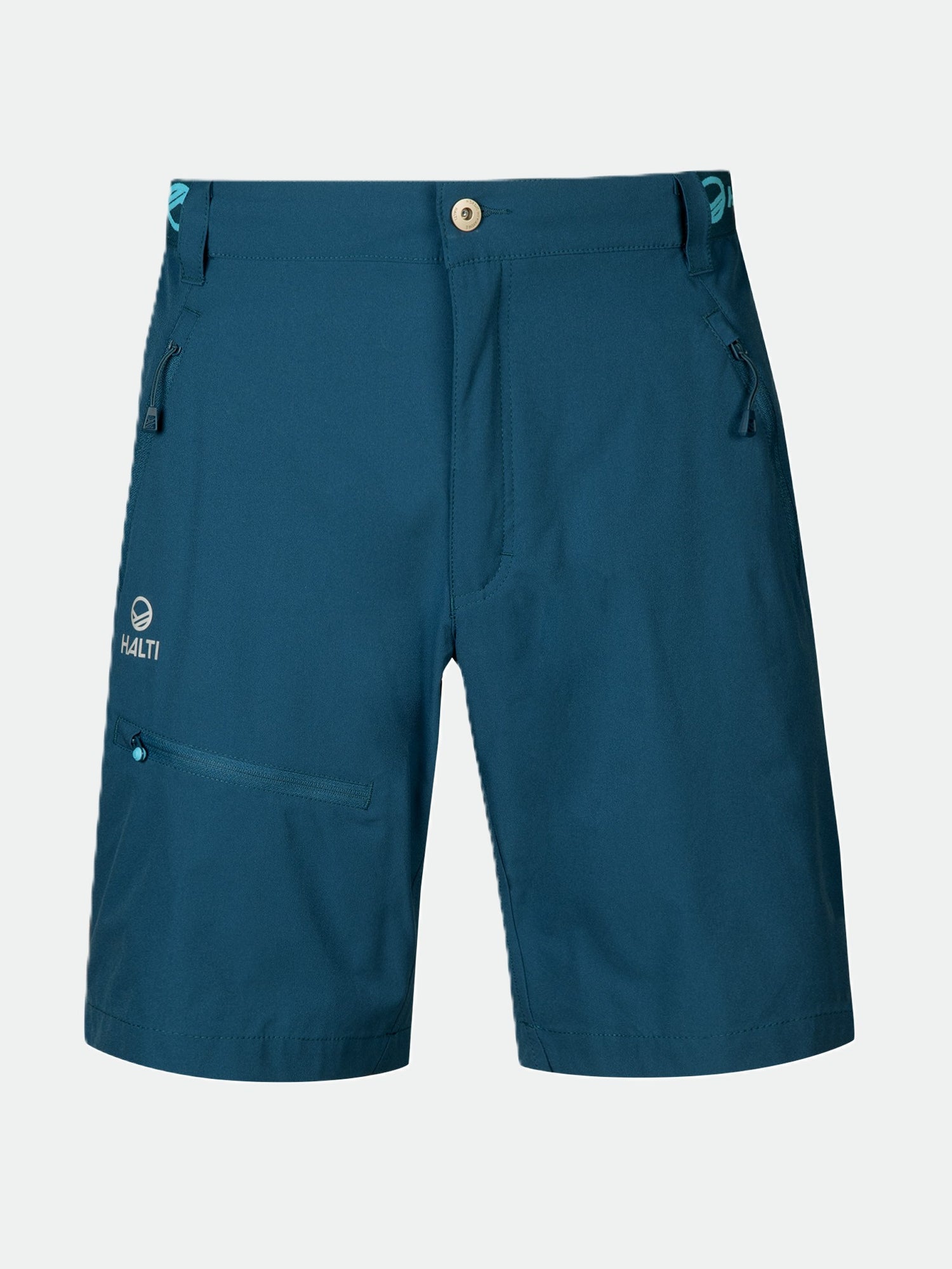 Halti Pallas Herren X-stretch Lite Shorts in teal blau mit Reißverschlusstaschen, ideal für Wandern und Outdoor-Aktivitäten.