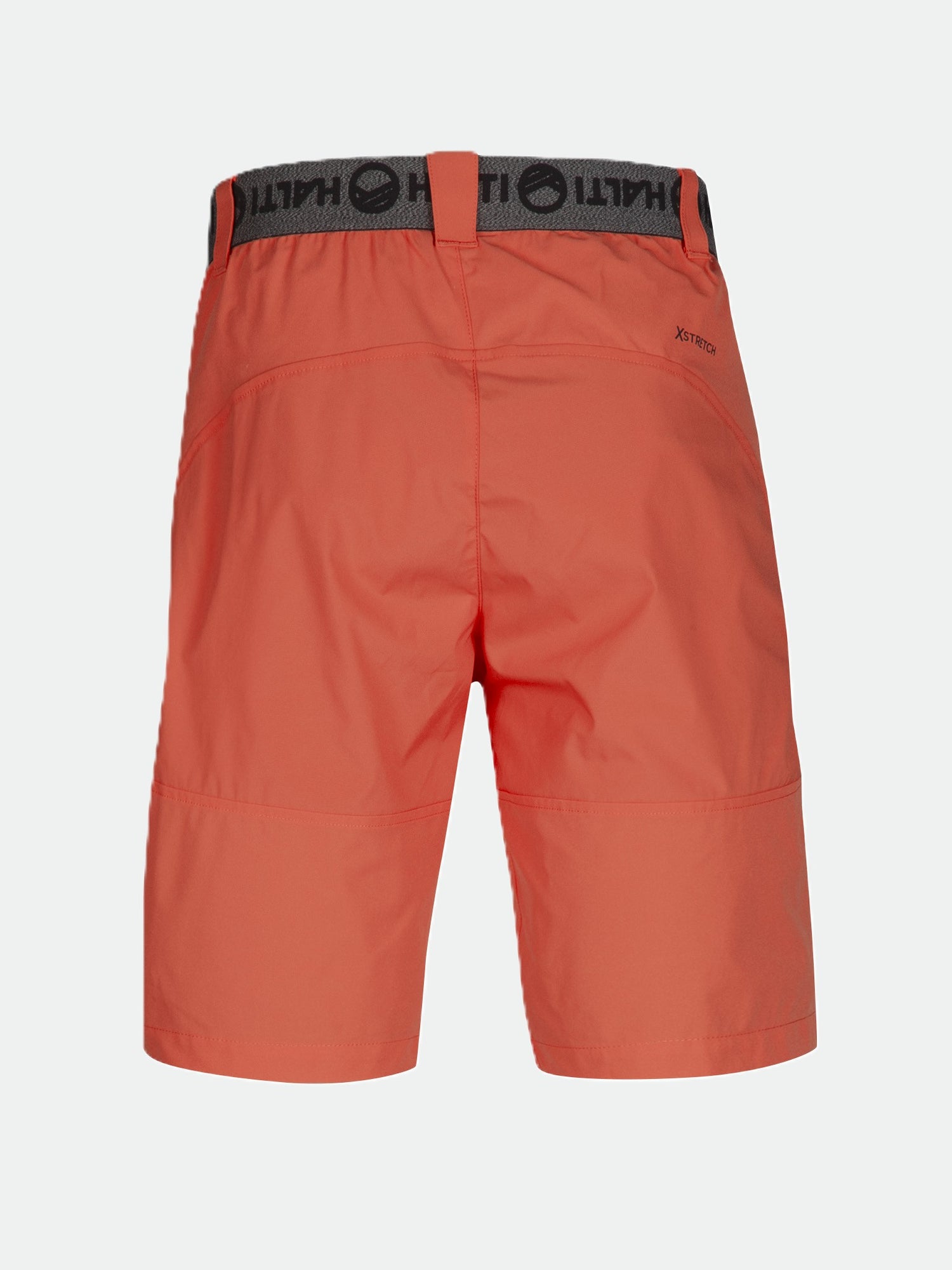 Rückansicht der Halti Pallas Herren X-stretch Lite Shorts mit schwarz-grauem Bund und sichtbaren Nähten auf hellem Grund.