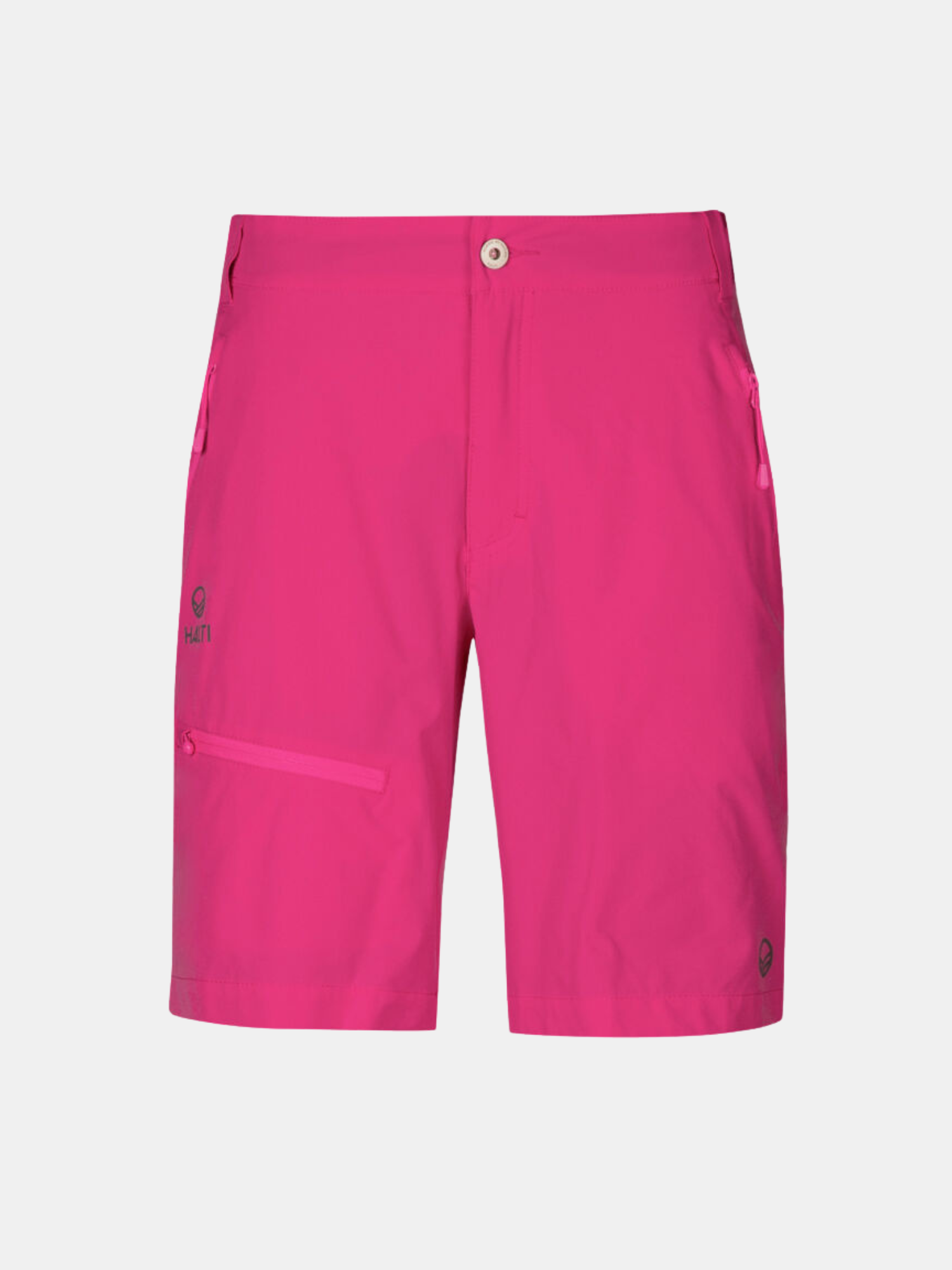 Halti Pallas Damen X-stretch Lite Shorts in leuchtendem Pink, schnell trocknend, mit Reißverschlusstaschen und kleinem Logo - perfekt für den Outdoor-Spaß.