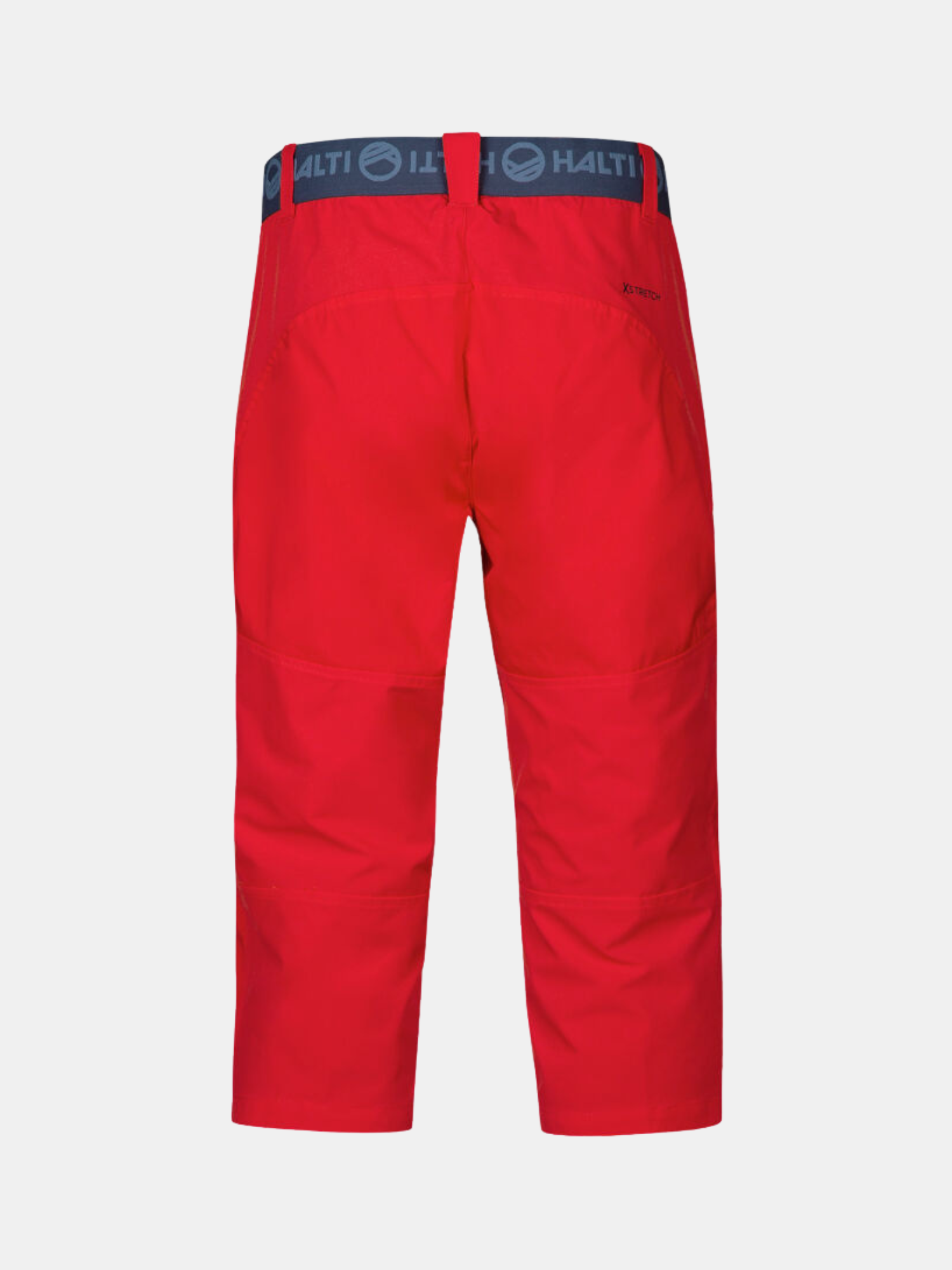 Rückenansicht der Halti Pallas Damen X-stretch Lite Caprihose in rot mit dunklem Gummibund, ideal für Outdoor-Aktivitäten.