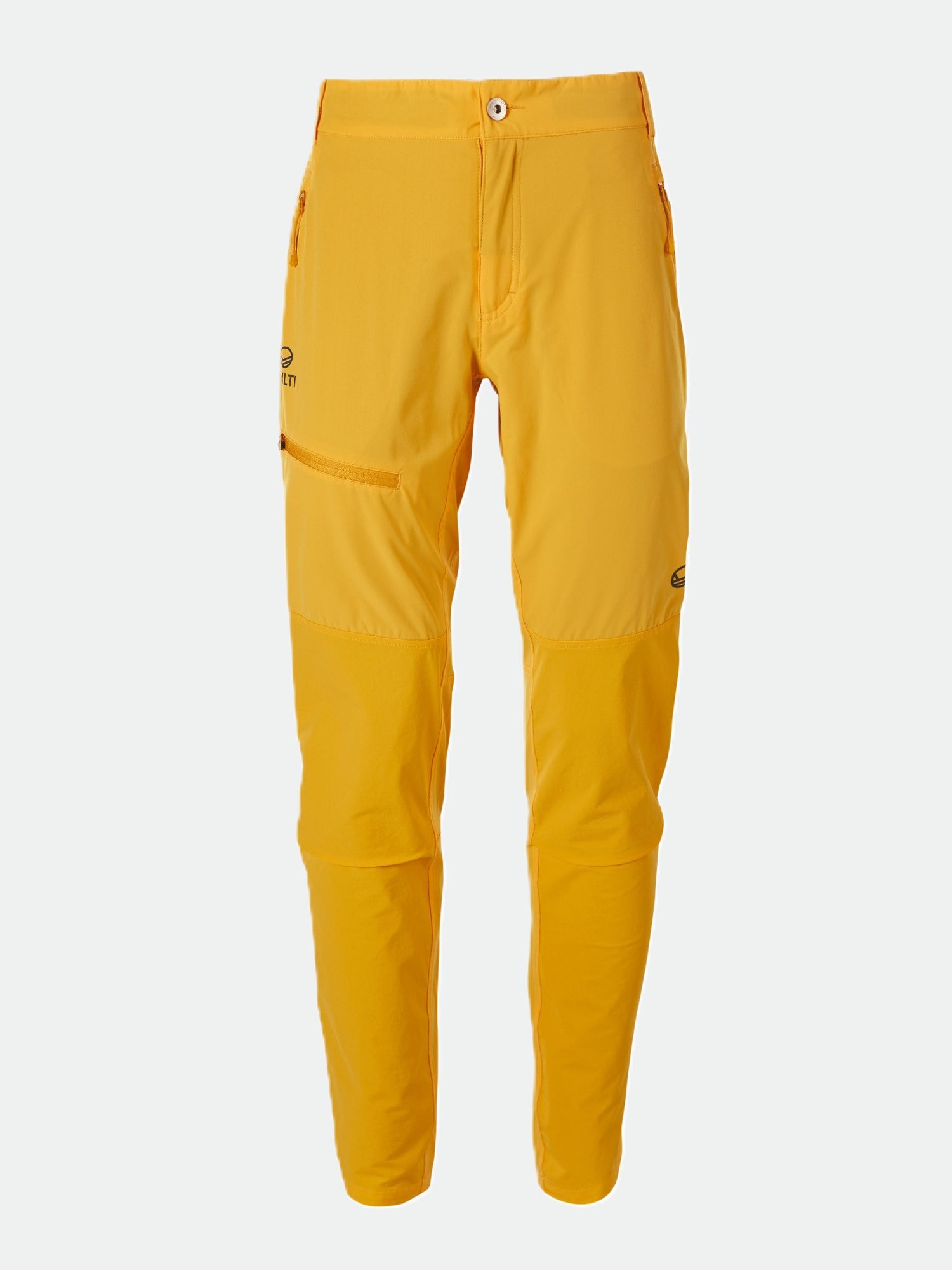 Ein Paar Halti Pallas Damen X-stretch Lite Hose in leuchtendem Gelb mit Reißverschlusstaschen, abgebildet auf einem weißen Hintergrund.