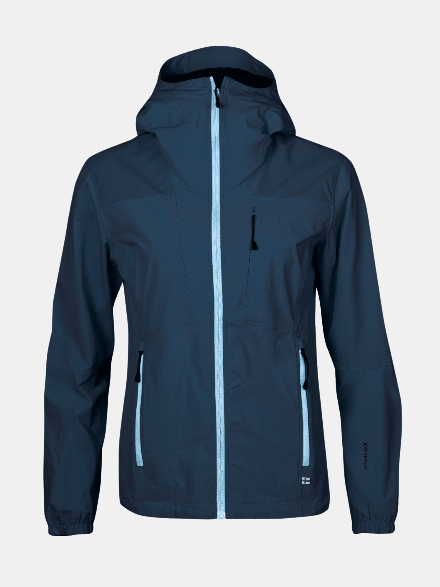 Die Halti Pallas II Damen X-Stretch Jacke in Marineblau verfügt über hellblaue Reißverschlüsse und wasserabweisendes Stretchgewebe.