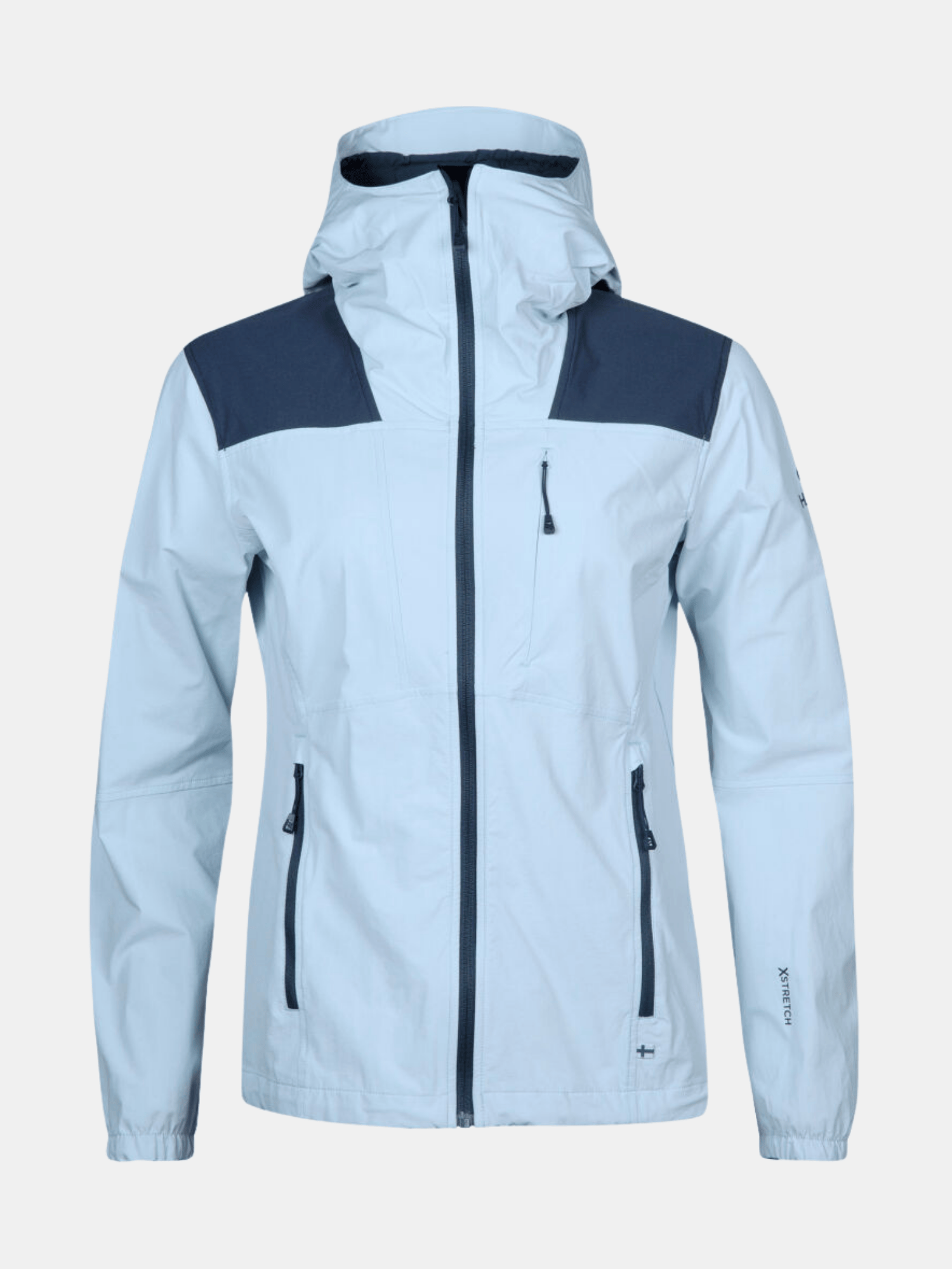 Halti Pallas II Damen X-Stretch Jacke in Hellblau mit dunklen Einsätzen, Reißverschlusstaschen und elastischen Bündchen aus Stretch-Material.