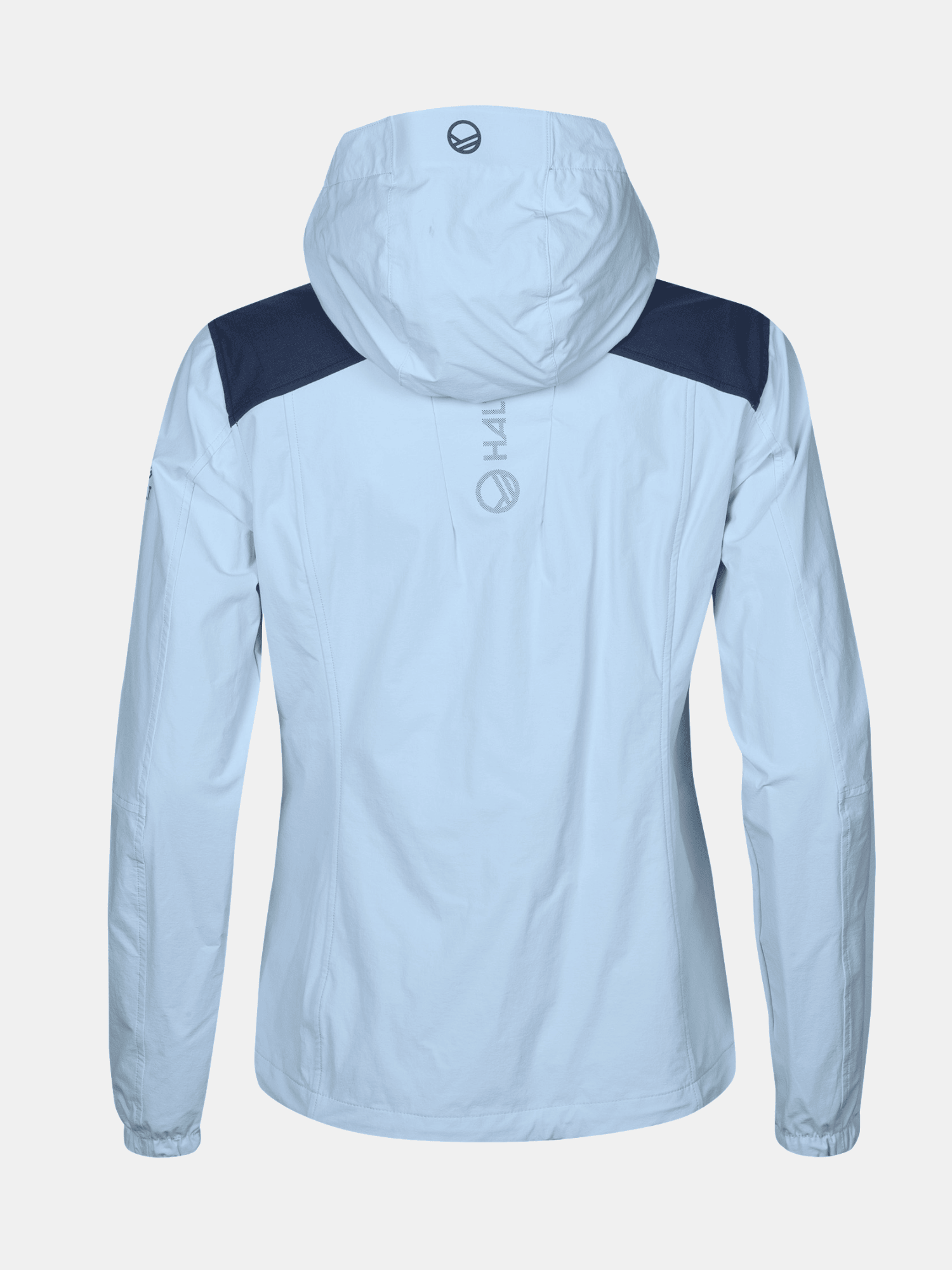 Halti Pallas II Damen X-Stretch Jacke: hellblau mit dunkelblauen Schultern, atmungsaktive und elastische Materialien.