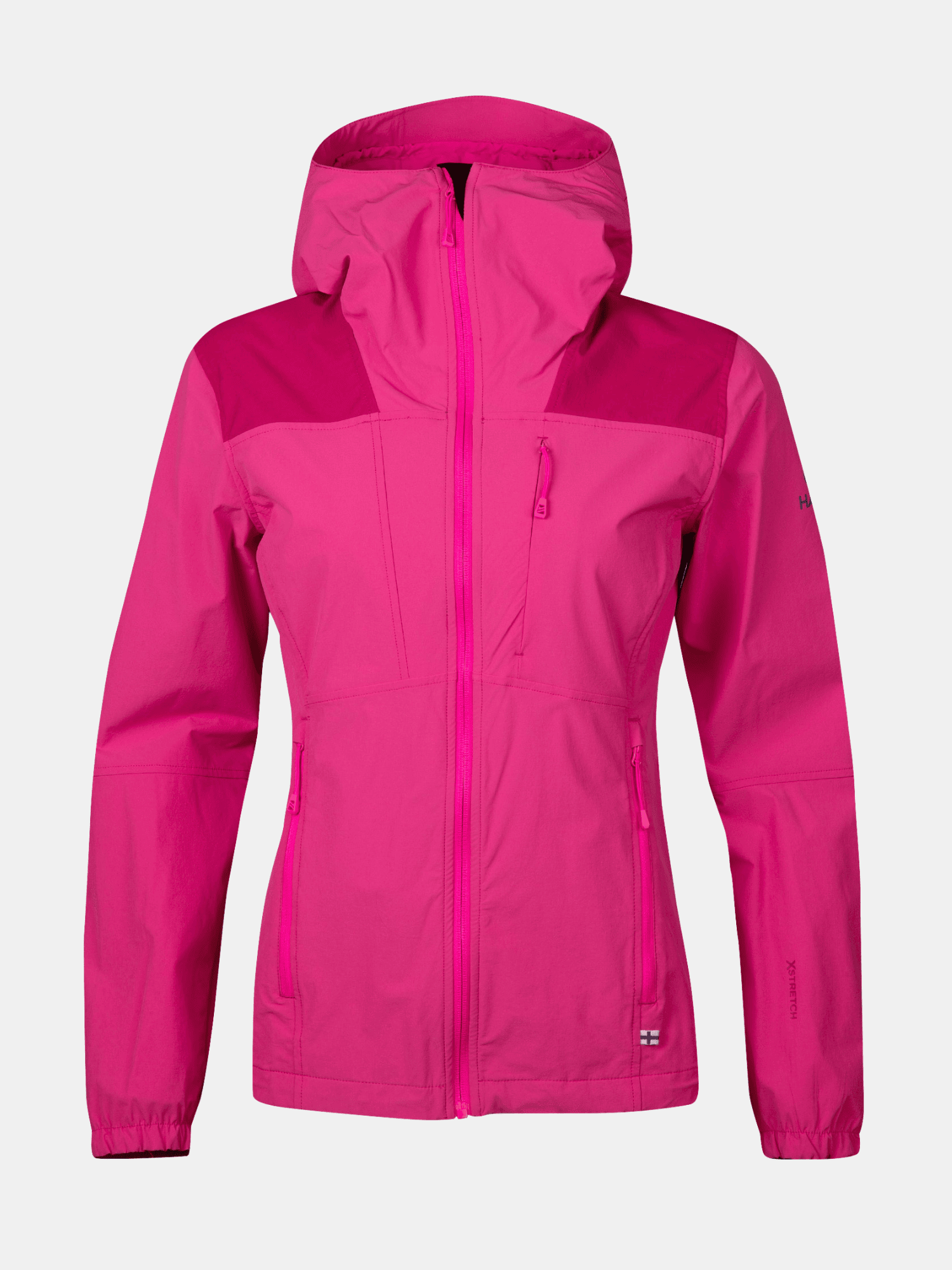 Halti Pallas II Damen X-Stretch Jacke in leuchtendem Pink mit Frontreißverschluss, Brusttasche und langen Ärmeln in Weiß.