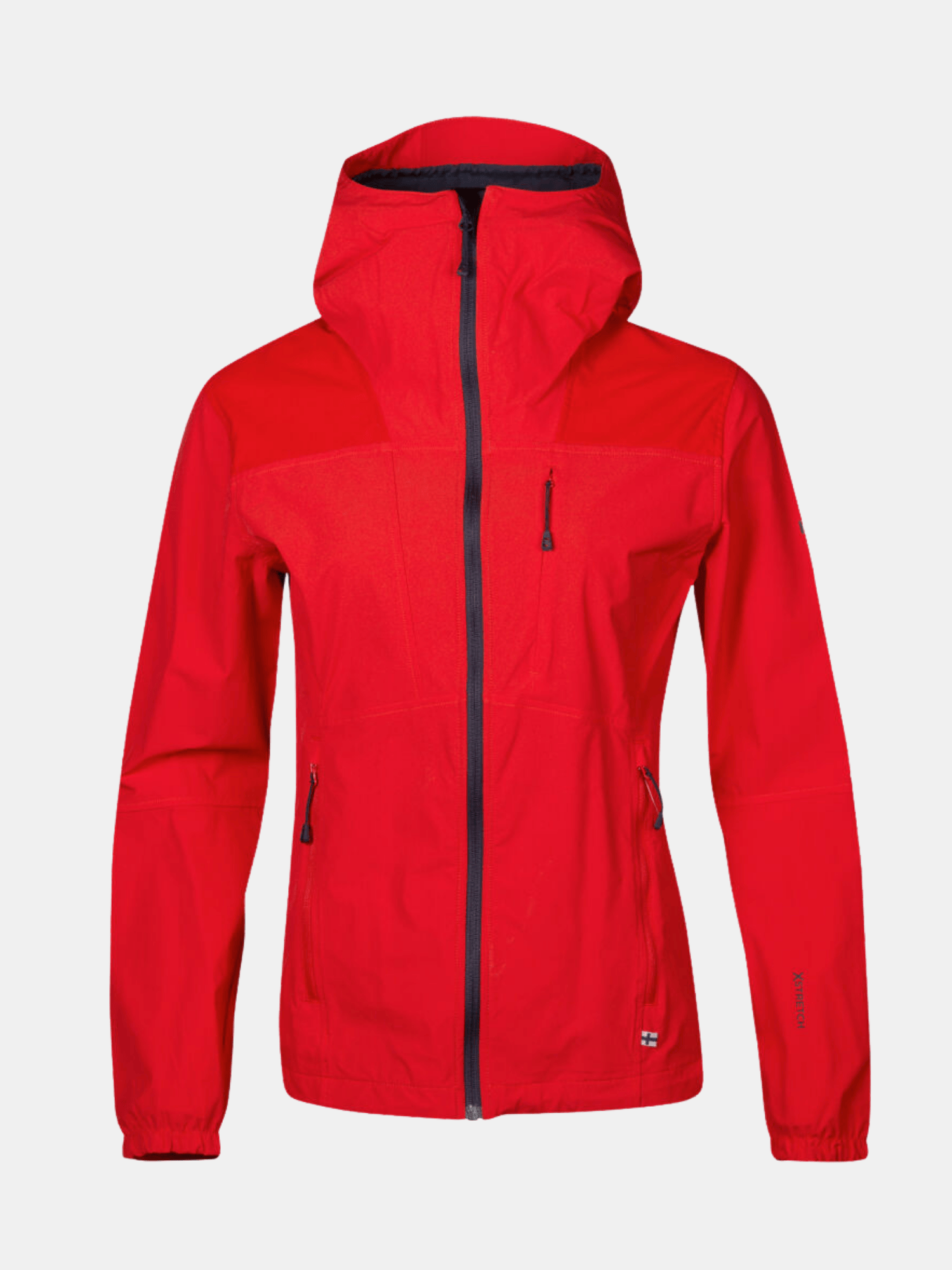 Eine leuchtend rote Halti Pallas II Damen X-Stretch-Jacke mit Frontreißverschluss, Seitentaschen und elastischen Bündchen.