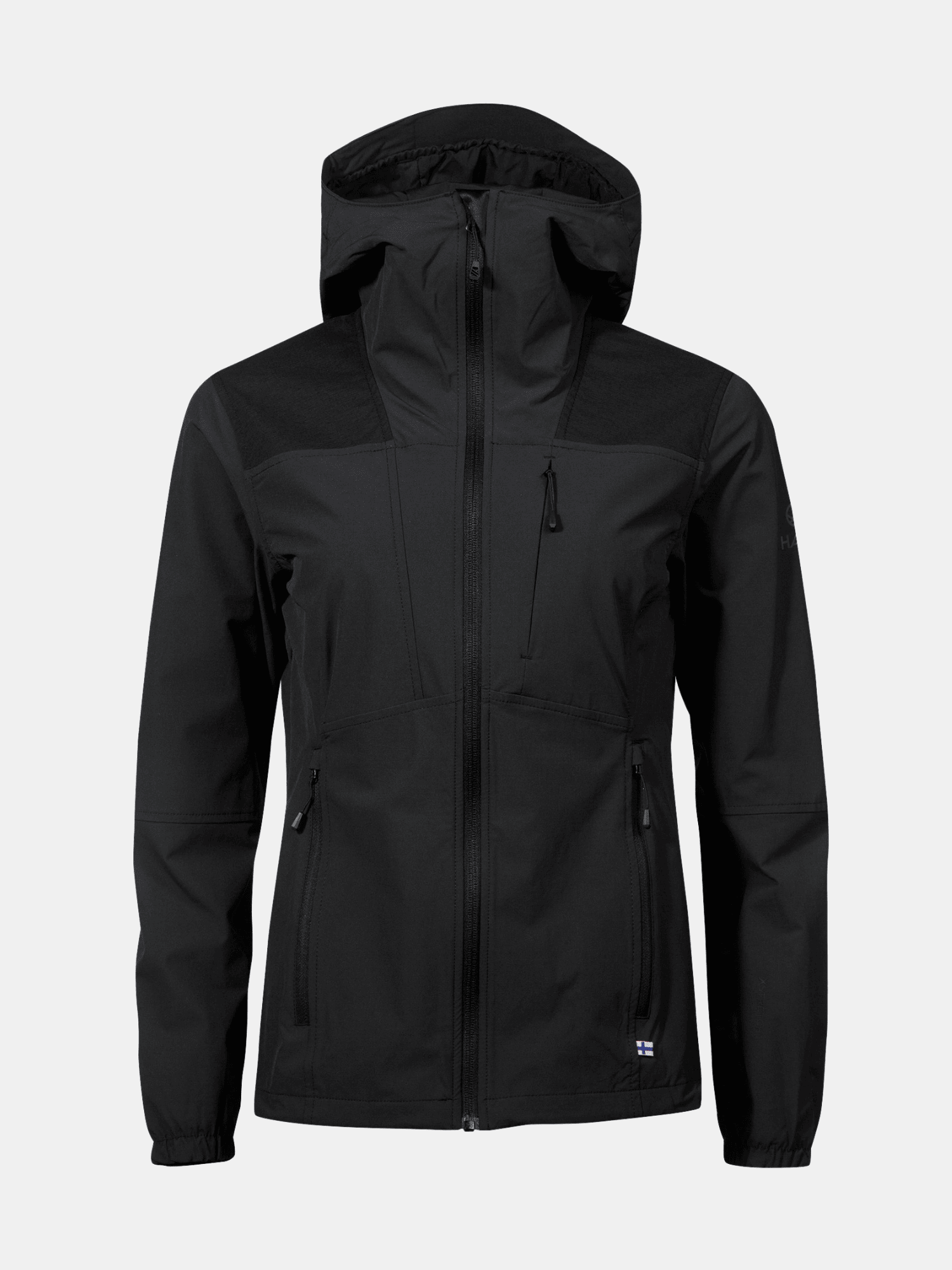 Halti Pallas II Damen X-Stretch Jacke in Schwarz, wind- und wasserabweisend, mit Kapuze und Reißverschluss.