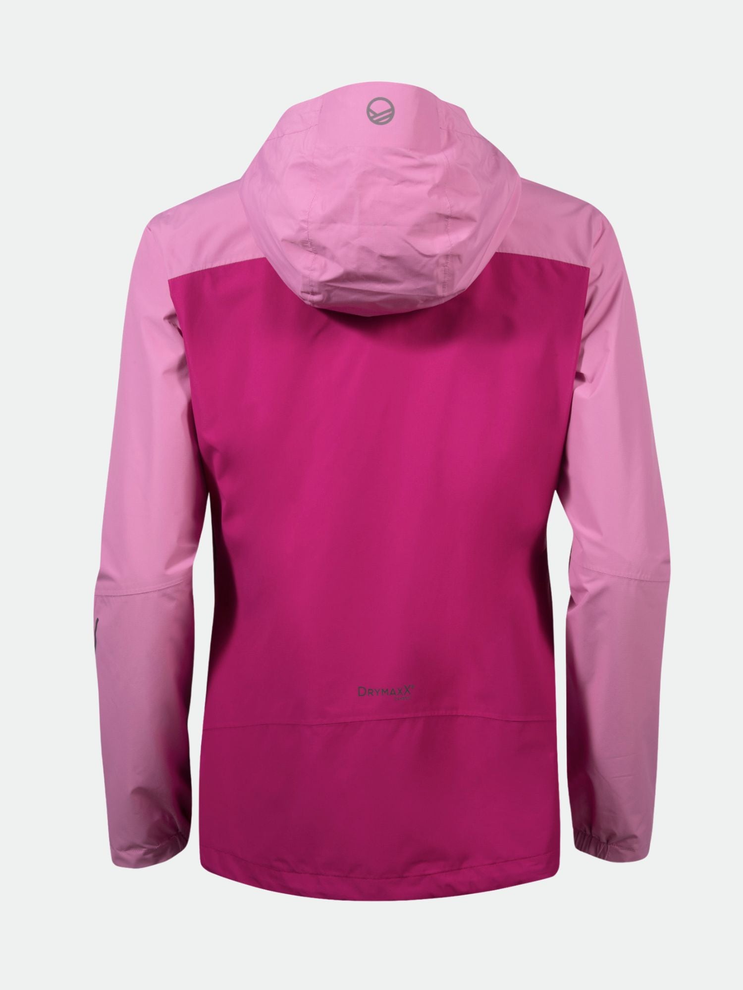 Die Halti Fort DX Regenjacke Damen ist eine rosafarbene Colorblock-Kapuzenjacke mit hell- und dunkelrosa Einsätzen, hier von hinten.
