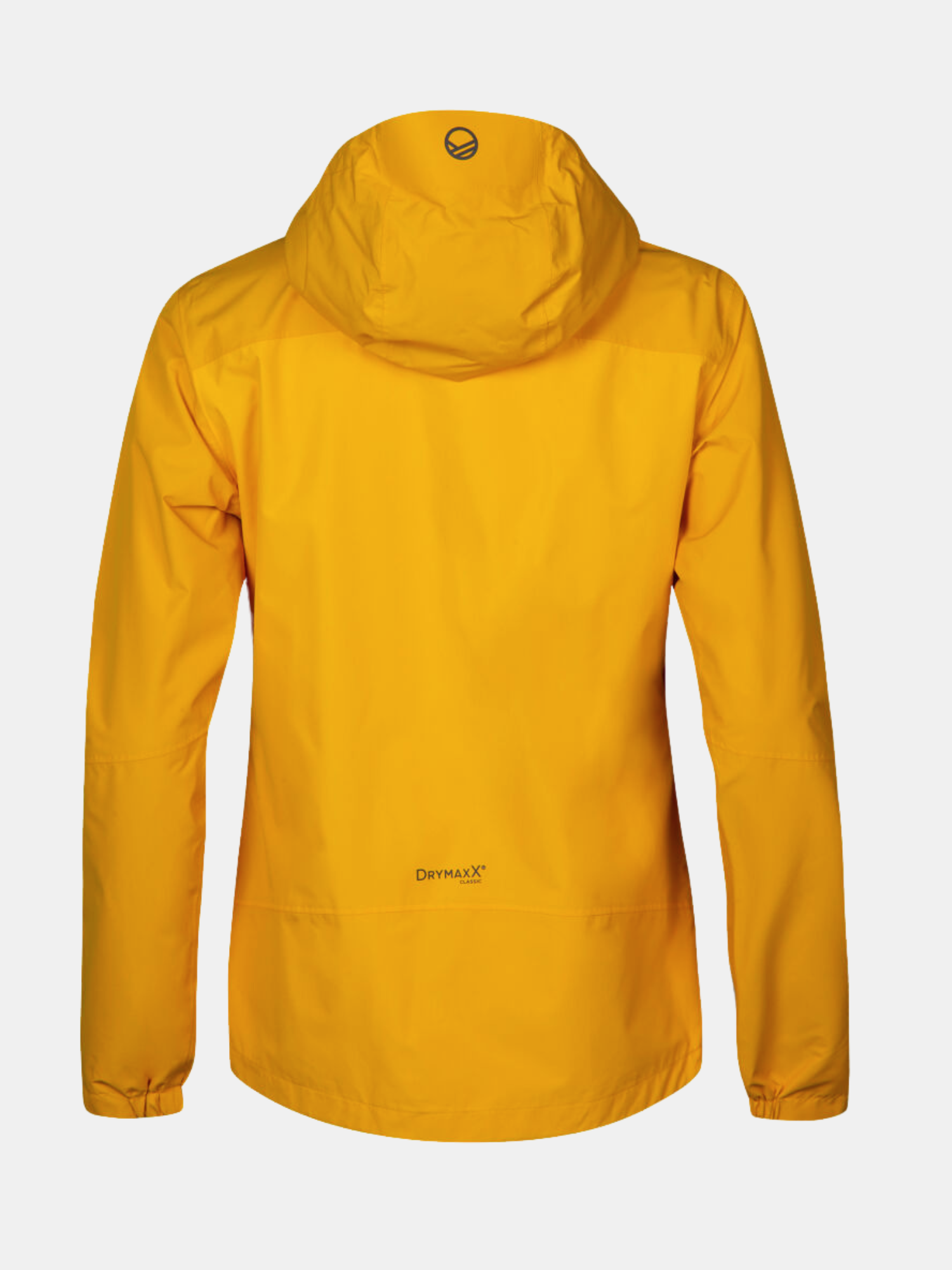 Eine gelbe Halti Fort Plus Damen DrymaxX Regenjacke, ideal für Outdoor-Aktivitäten, ist von hinten auf Weiß abgebildet.