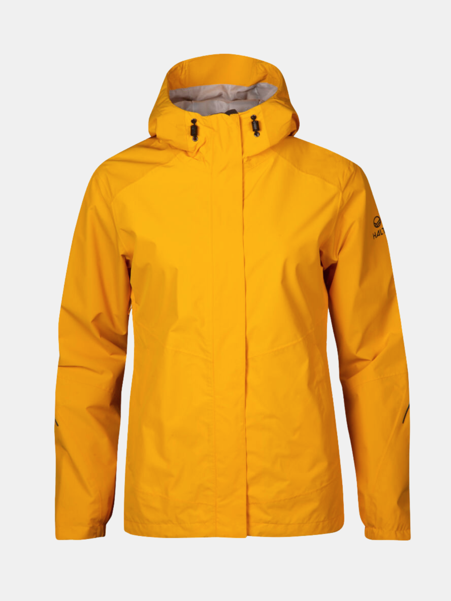 Die Halti Fort Plus Damen DrymaxX Regenjacke in Gelb mit Frontreißverschluss, abgebildet auf schlichtem weißem Hintergrund.