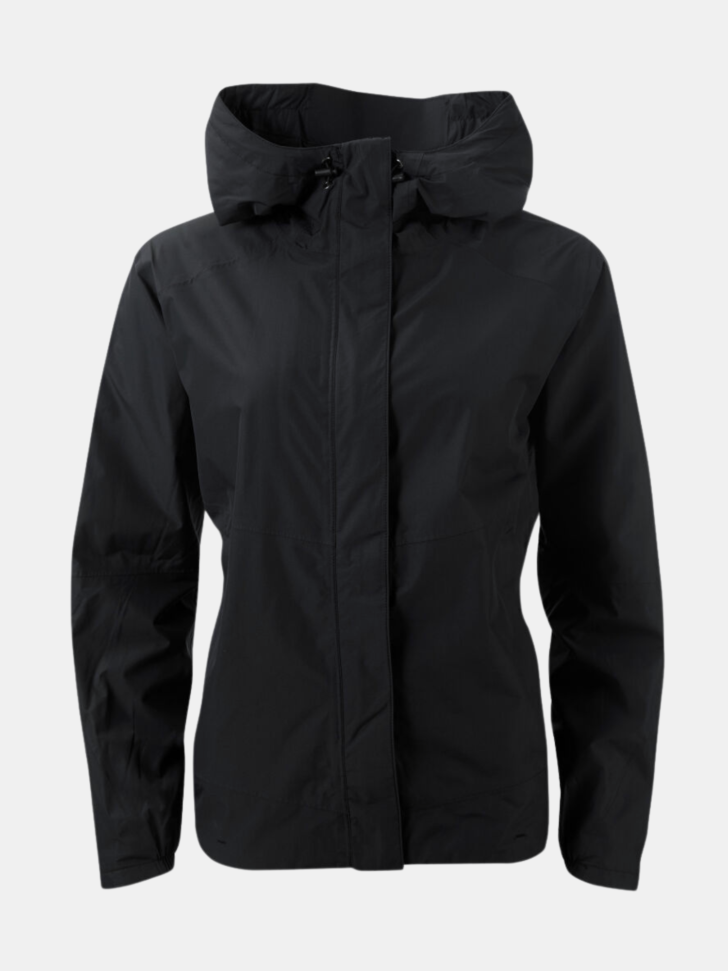 Die Halti Fort Plus Damen DrymaxX Regenjacke in Schwarz ist auf einem schlichten hellgrauen Hintergrund abgebildet.
