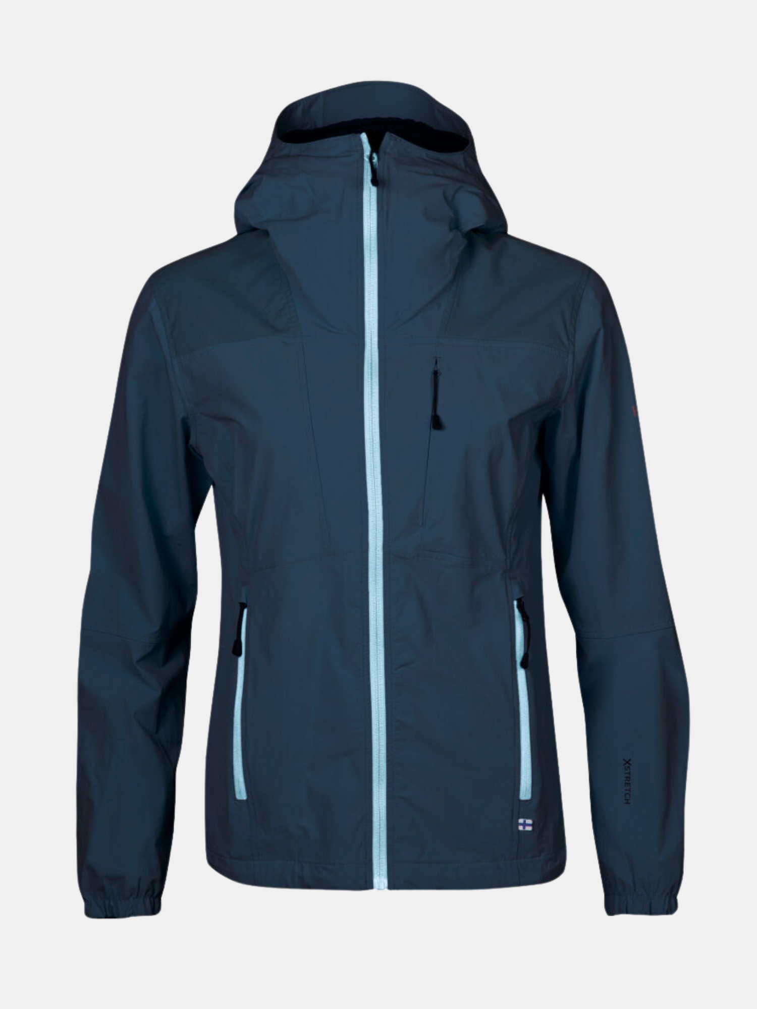 Die Halti Pallas II Plus Damen X-Stretch Jacke in Dunkelblau hat hellblaue Reißverschlüsse für Outdoor-Aktivitäten.